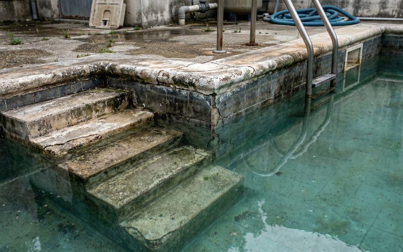 escalera y esquina deteriorada en piscina rehabilitada