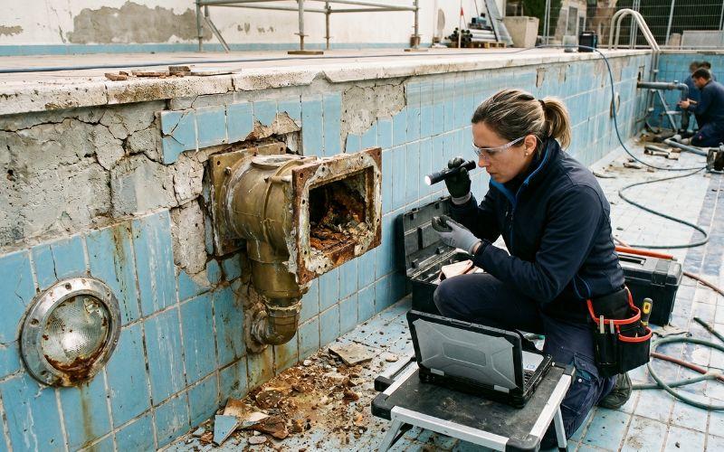 inspección de elementos deteriorados en una piscina