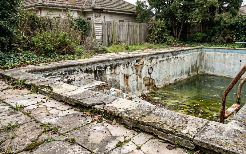 piscina antigua con varios elementos deteriorados