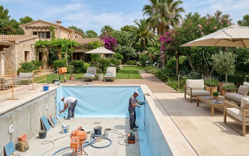 rehabilitación de piscina integrada con terraza y jardín