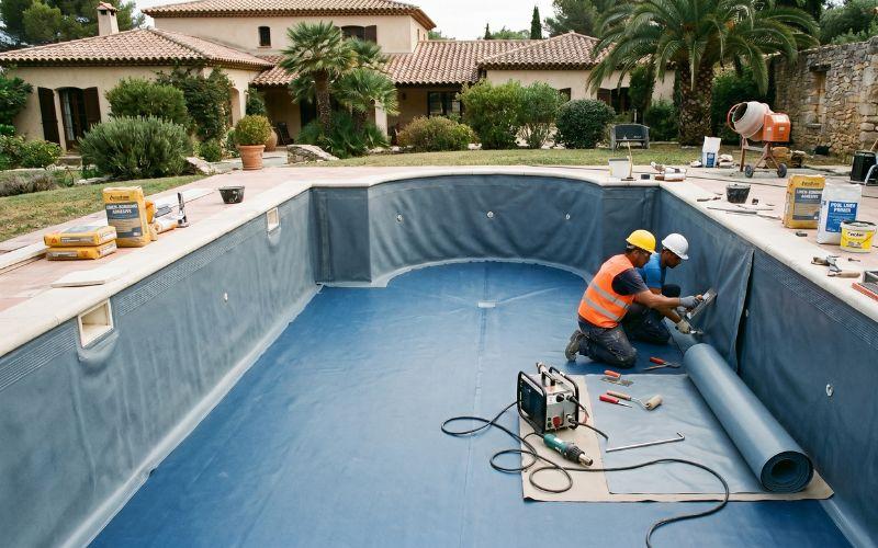 renovación de revestimiento durante rehabilitación de piscina