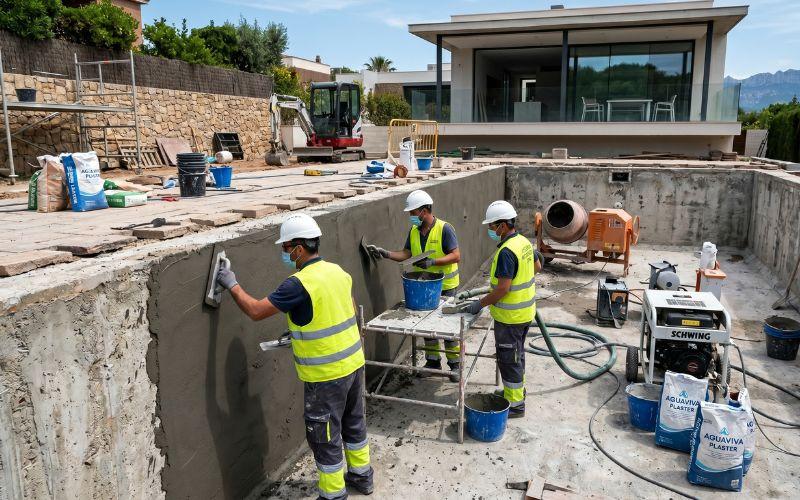 renovación de revestimiento durante rehabilitación de piscina