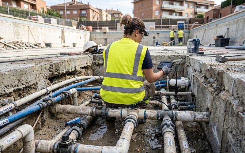 revisión de tuberías ocultas en una piscina